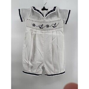 VTG Baby Sailor Romper 12M White Nautical Smocked Anchors Carriage Boutiques LNC